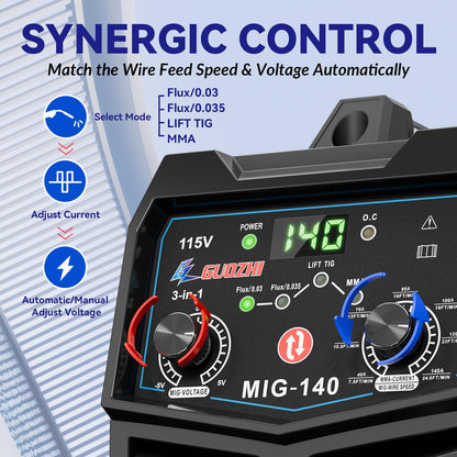 GZ GUOZHI 140A MIG Welder, 3 in 1 Welder FLUX MIG/ARC/Lift TIG Multi-Process Mig Welder, 110V Welding Machine, Welder Machine 110v Flux Core Welder with Welding Gun