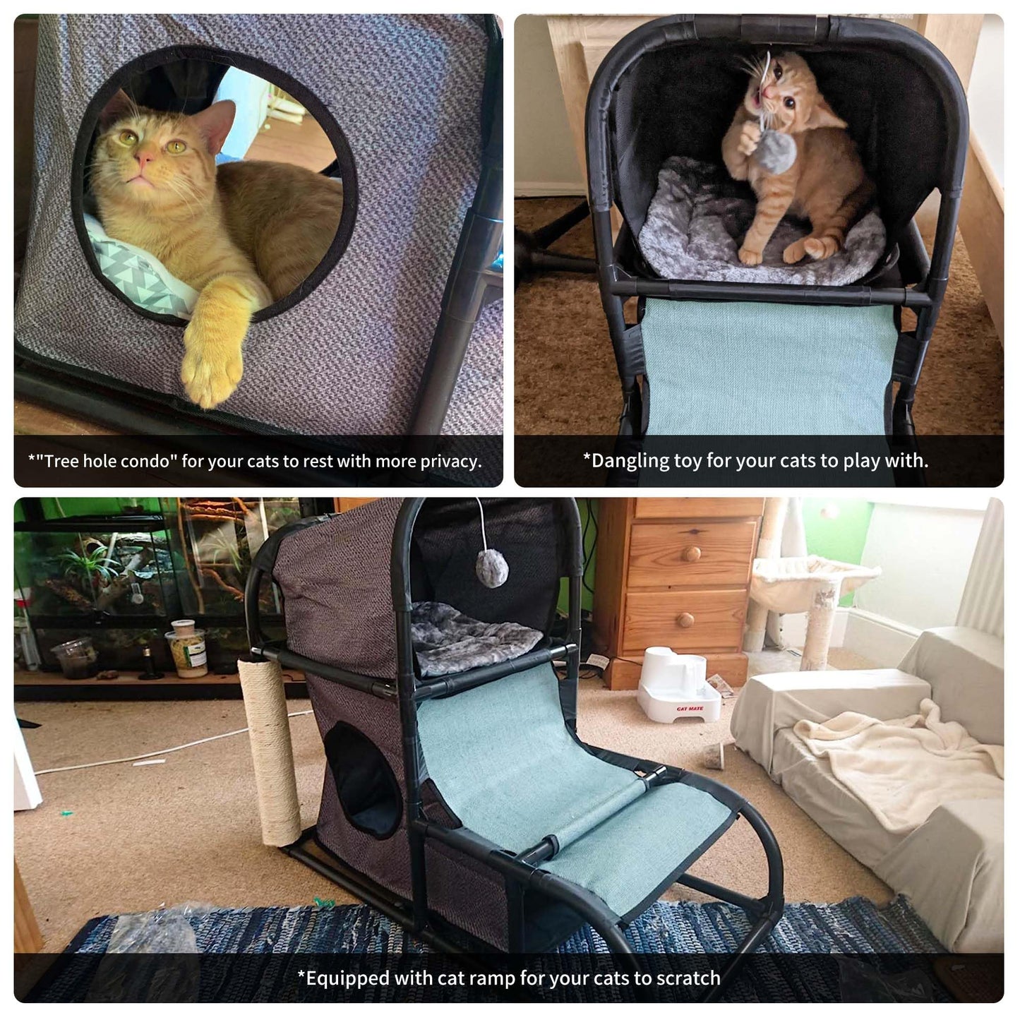 Goetland PVC Modern Cat Condo House Tree Medium Tower Bed Scratching Post Climber With Peek Hole and Dangling Ball for Kitty Indoors Dark Grey