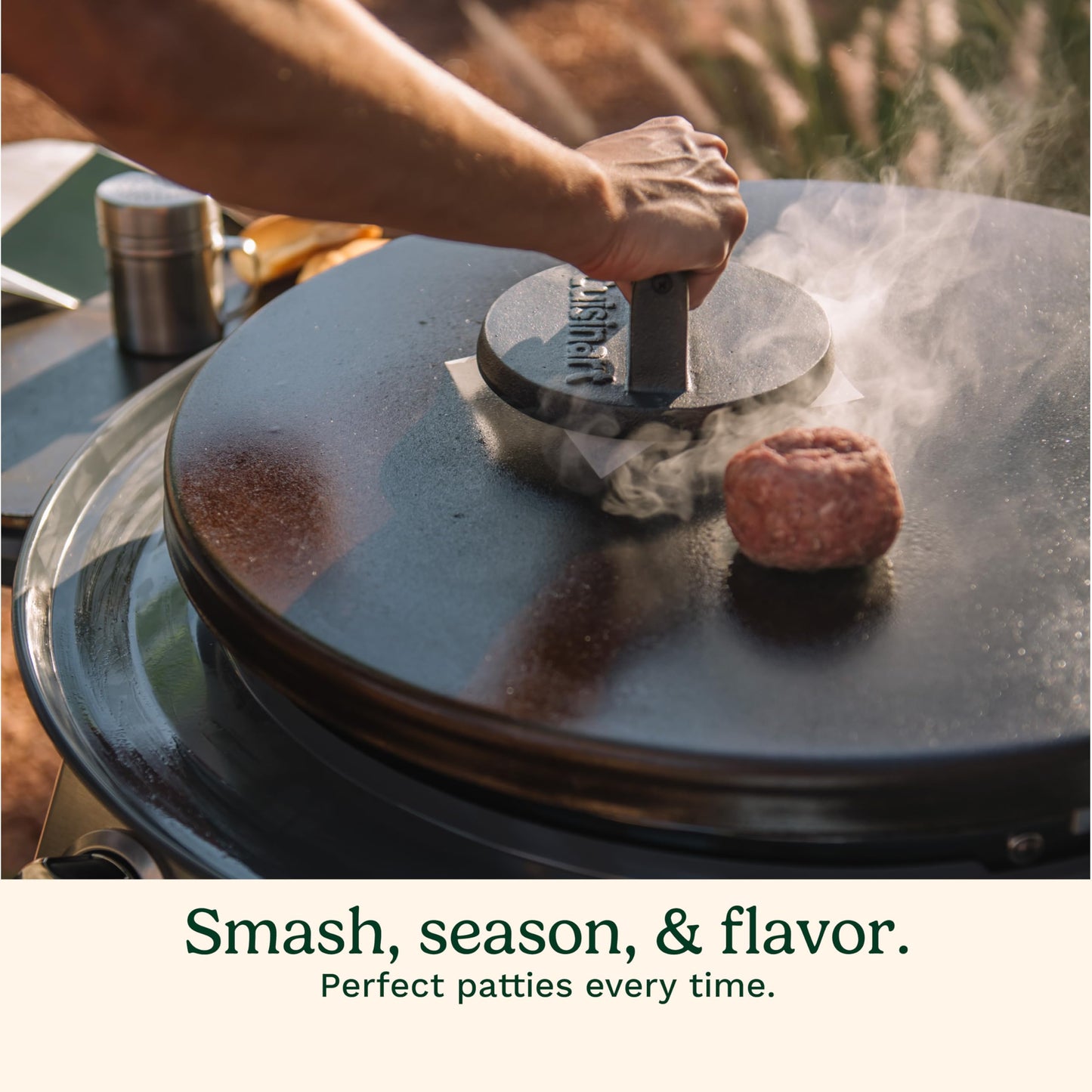 Cuisinart 6.5" Cast Iron Smashed Burger Press, Round Flat Edge Grill Press for Crispy Smash Burgers, Burger Tool for Grill and Griddle Accessories, for BBQs and Tailgates