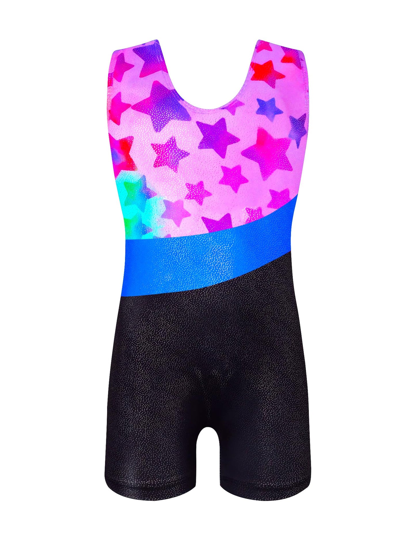 Leotard for Girls Gymnastics Size 5-6 Years Old Shiny Purple Stars Sleeveless Biketards with Shorts