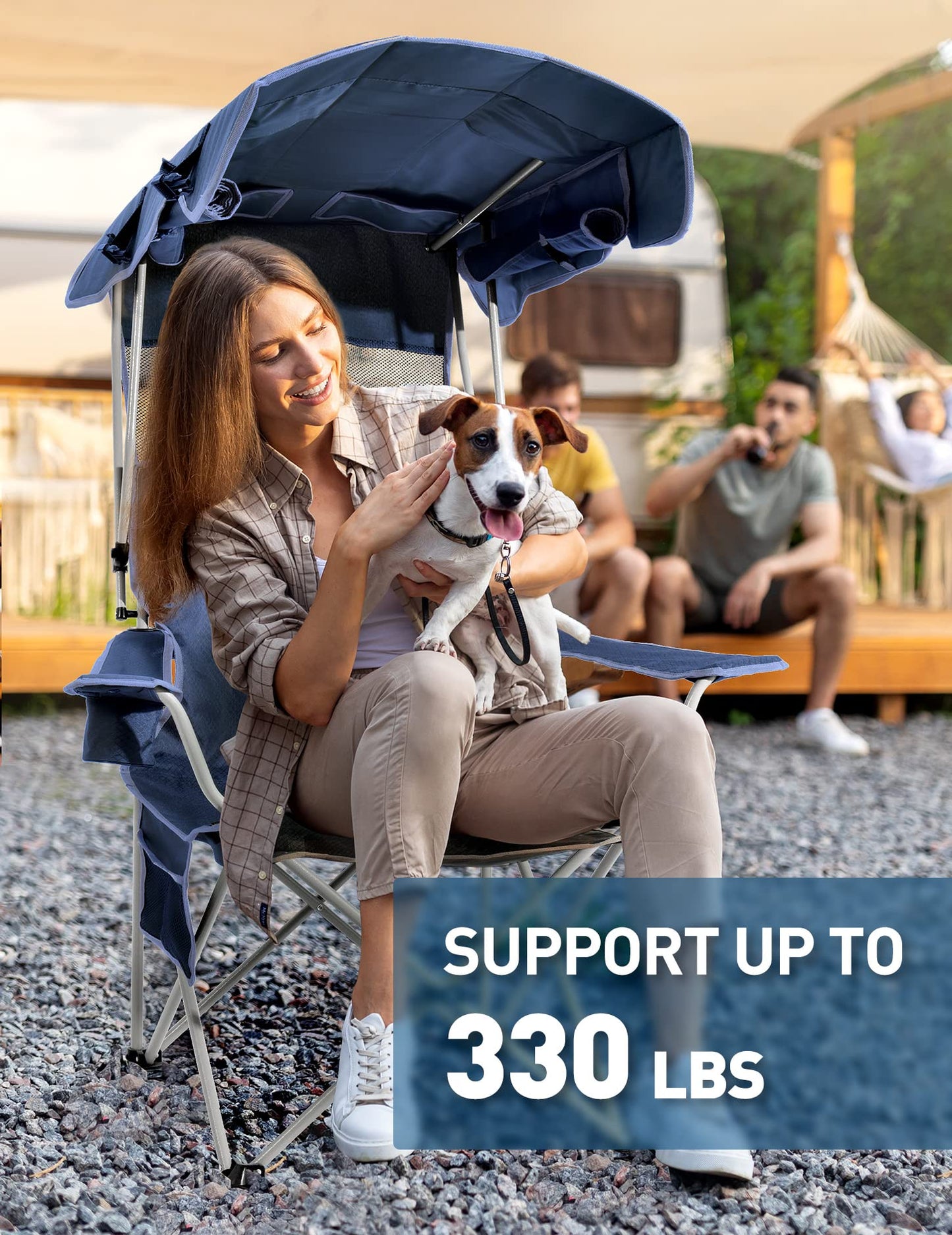 Docusvect Beach Chair with Canopy Shade, Folding Camping Chair with Canopy with Cup Holder, Side Pocket for Camp, Beach, Tailgates, Fishing - Support 330 LBS