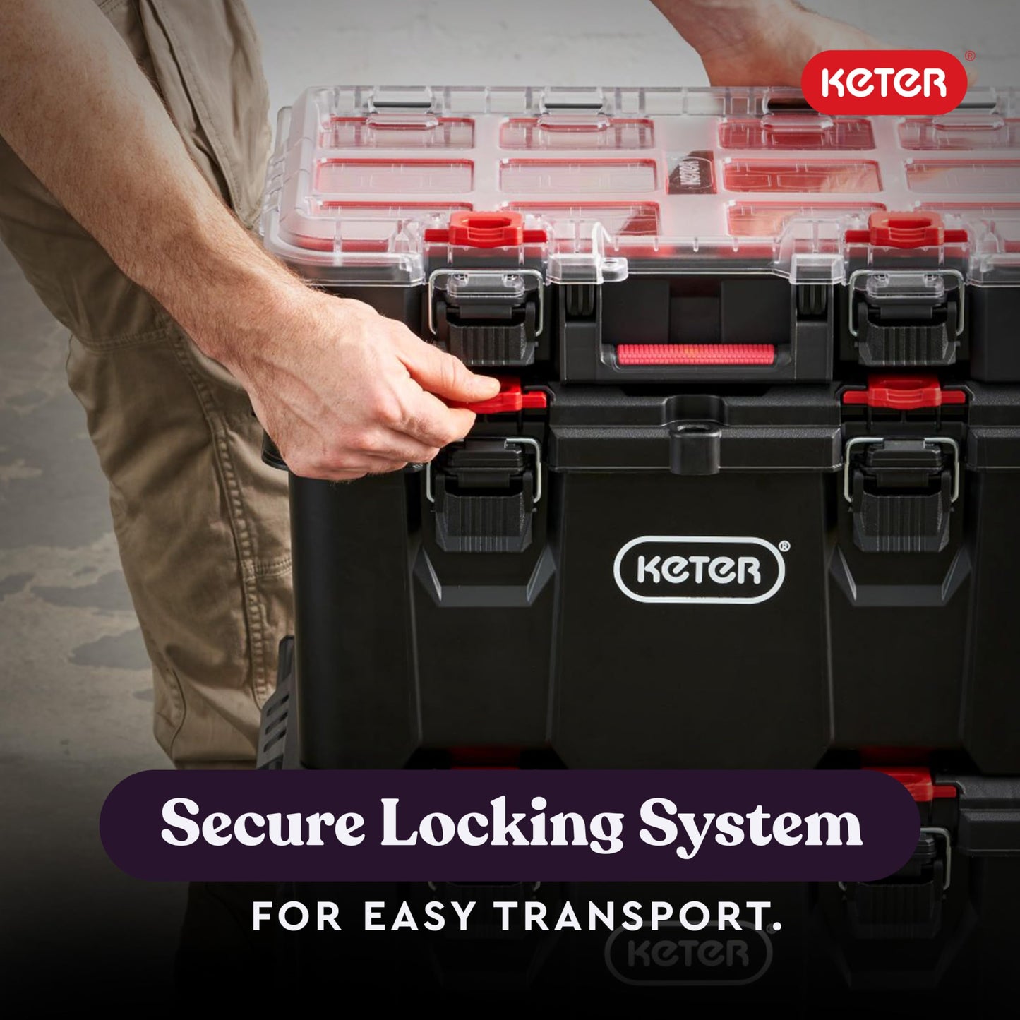 Keter Stack-n-Roll Modular Tools Organizer for Garage Storage and DIY, 3 Piece Resin Rolling Tool Box System for Small Parts, Black