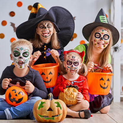 Halloween Temporary Face Tattoos (12Pack), Konsait Day of the Dead Sugar Skull Floral Black Skeleton Web Red Roses Full Face Mask Tattoo for Women Men Adult Kids Boys Halloween Party Favor Supplies