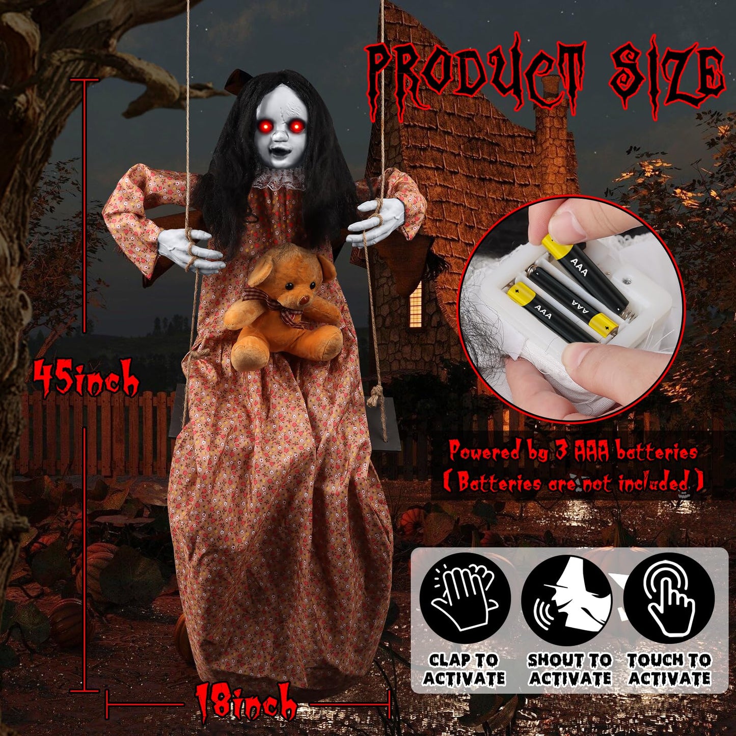 3.75 Ft Halloween Decorations Animatronics Hanging Swinging Girl with Creepy Sound/Light Up Eyes/Scary Expression, Creepy Doll Hanging Ghosts Haunted House Holiday Decor Prop for Indoor Outdoor