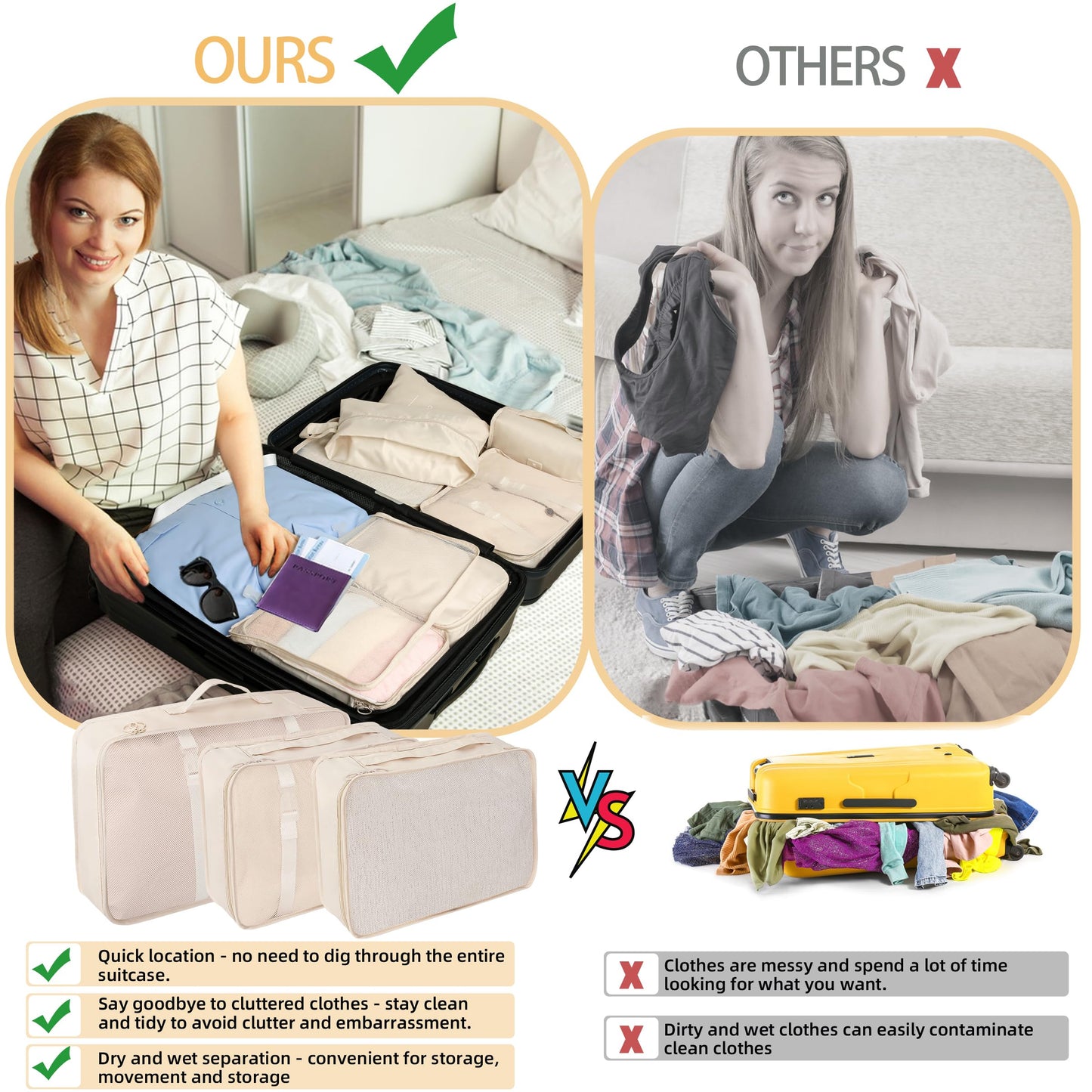 10 Pcs Set Packing Cubes For Travel Expandable Packing Organizers Luggage Organizers Bags Essentials Packing Cubes For Suitcases Travel Accessories (BEIGE)