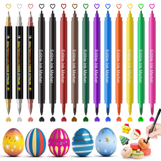 Jewem Edible Markers for Cookie Decorating,14 Pcs Food Coloring Pens, Double Side Food Grade Pens with Fine & Thick Tip for Decorating Fondant, Cakes, Cookies, Easter Eggs, Frosting, Macaron, Halloween, Christmas