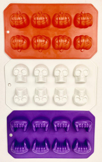 Halloween Fall themed Set of 3 Ice cube trays, candy mold, jello shot skull/fang/pumpkin shapes