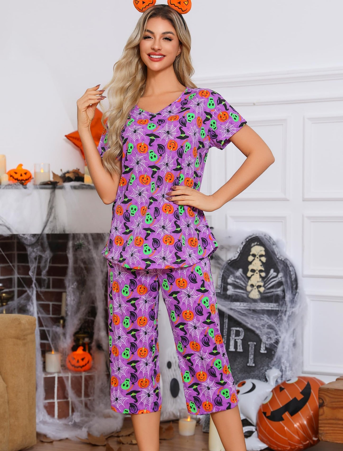 ENJOYNIGHT Womens Pajama Sets Cotton Summer Pjs Tops with Capri Pants Sleepwear (PU-Spider, XX-Large)