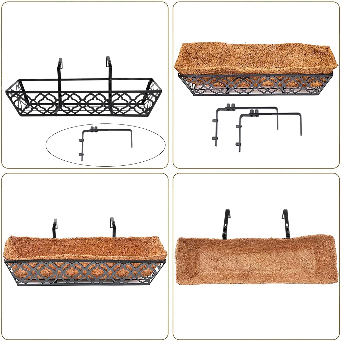 LAWYAMAI 2pcs 24 Inch Window Deck with Coco Liner, 24" Window Boxes Horse Trough with Coconut Coir Liner, Metal Hanging Flower Planter Window Basket Deck Railing Planter Boxes for Outdoor Indoor Lawn