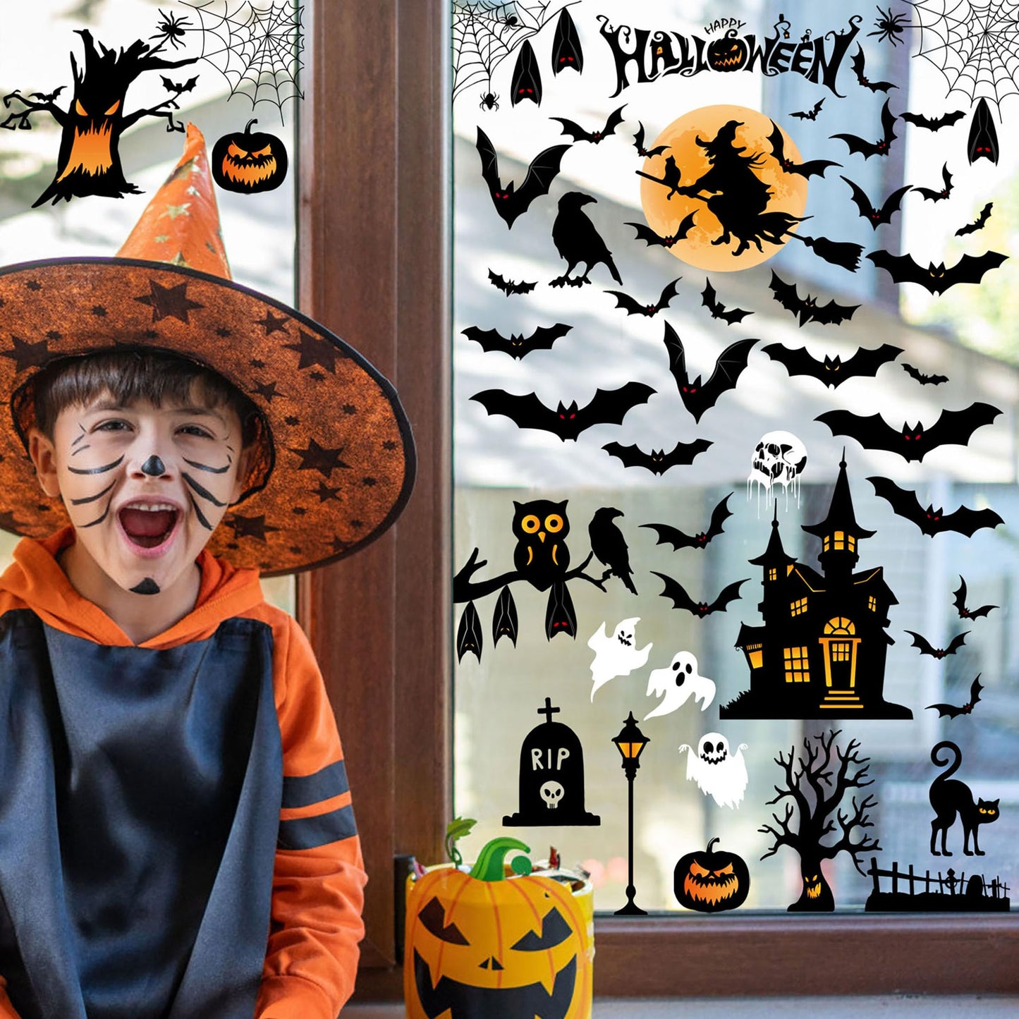 Halloween Window Clings, Halloween Window Stickers Decorations, Double-Side Removable Decals for Party Décor