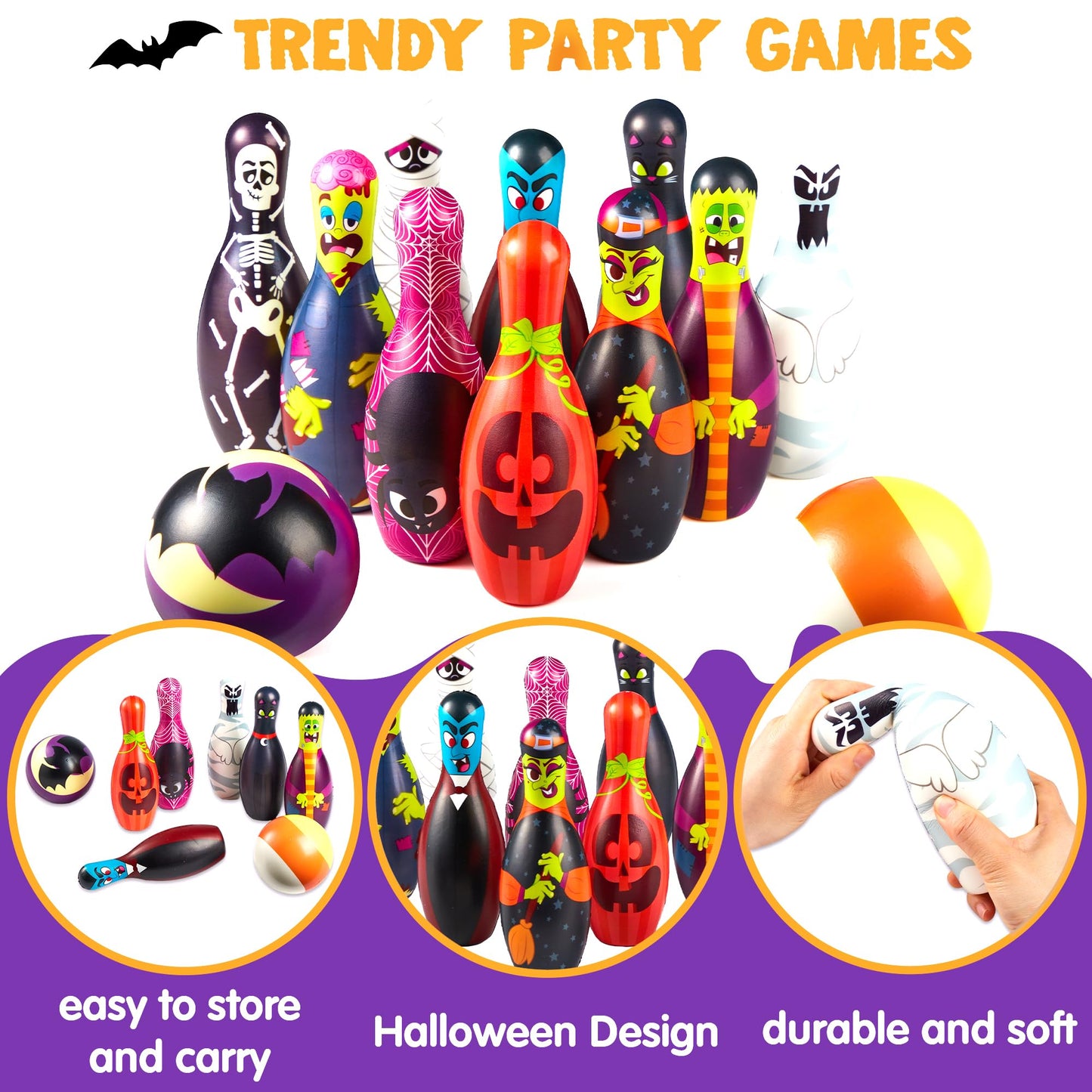 JOYIN Halloween Foam Bowling Set for Kids Toys Party Supplies, Get-Together Party, Game Day Events, Indoor Outdoor Toy Game with 10 Pins & 2 Balls Fun Sports Games, Birthday Parties
