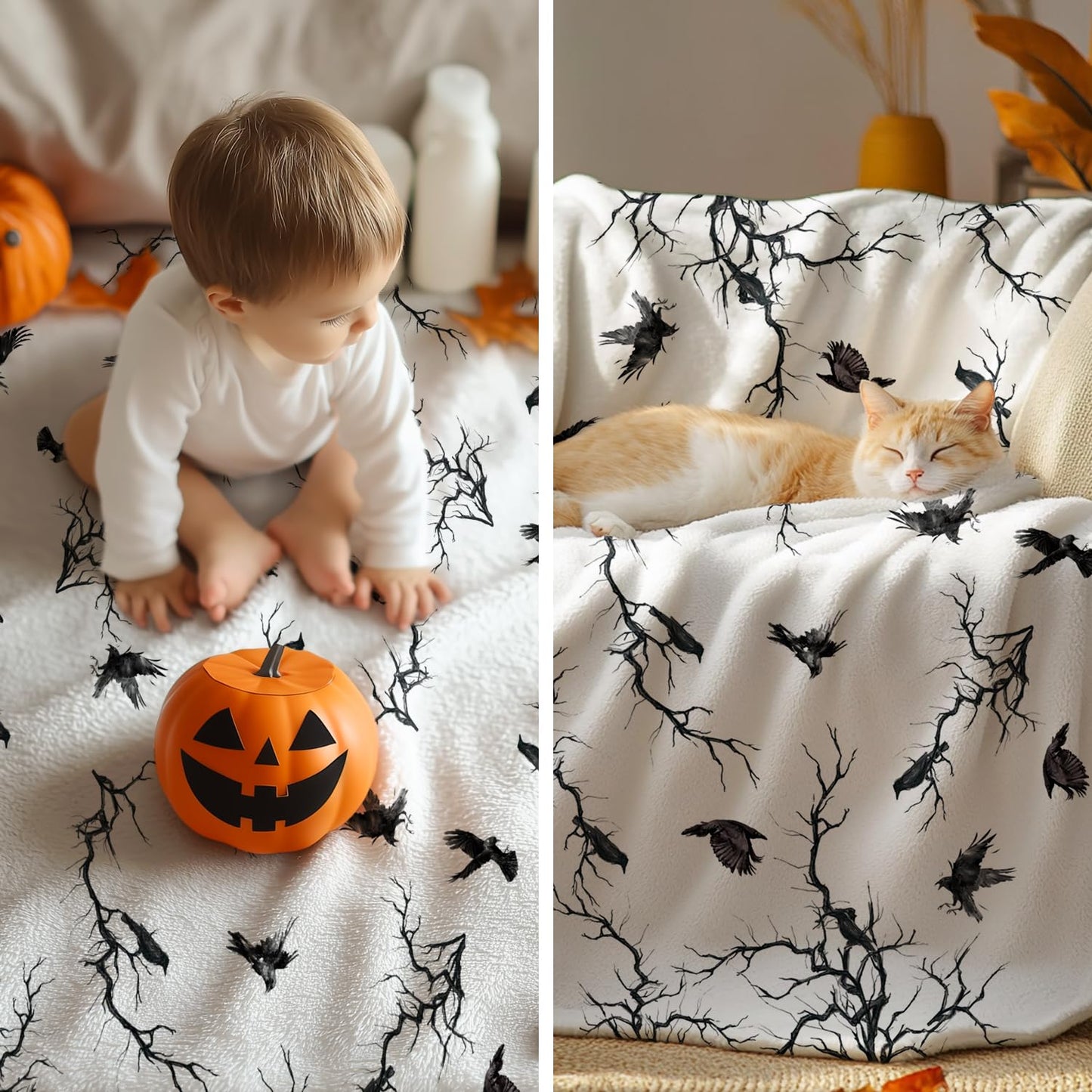 Horaldaily Halloween Flannel Blanket Throw, Crow Tree Soft Fuzzy Plush Cozy Fleece Blankets for Couch Sofa Bed Lounging, Ideal Gifts for Kids Adults Wife Self, 50x60
