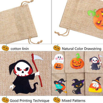 DERAYEE Halloween Burlap Treat Bags with Drawstrings, 6"x 8" Gift Candy Bags Goodie Bag for trick or treat Kids Halloween Party Favor 18Pcs
