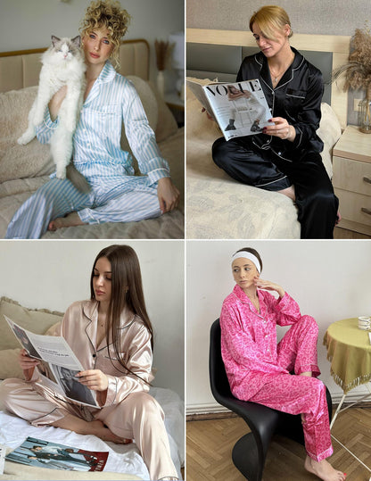 Ekouaer Silk Pajamas for Women Classic Button Down Satin Pajama Sets Long Sleeve Lounge Set