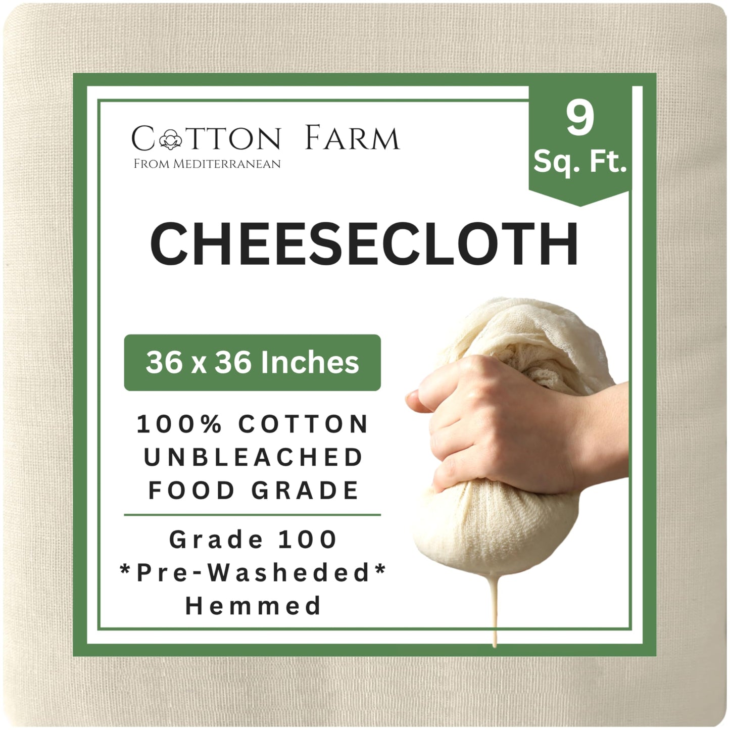 Cotton Farm Grade 100 XL Cheese Cloths - Straining & More; 36x36 Inch; 100% Unbleached Cotton Cheesecloth; Reusable with Hemmed 2 Edges; Ultra-Dense (the finest) Butter Muslin