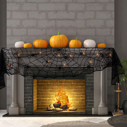 FUN LITTLE TOYS Halloween Decorations Indoor - Mantel with String Lights Lace Spiderweb Decor Inside for Home Party Supplies (18 x 96 inch)
