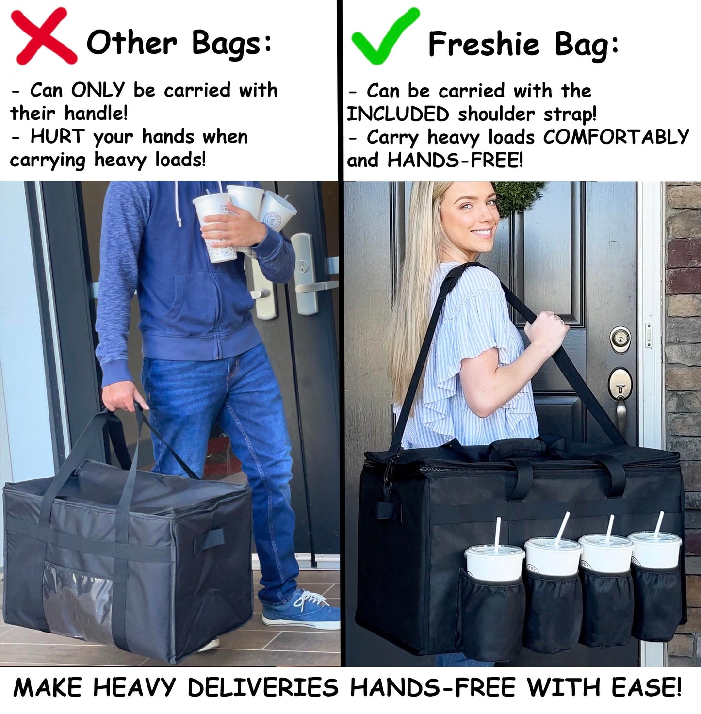 FRESHIE Insulated Food Delivery Bag with Cup Holders/Drink Carriers Premium, for Doordash, Uber Eats, Grubhub, Pizza Bag, Catering, Beverage, Commercial Quality (XL Pro)