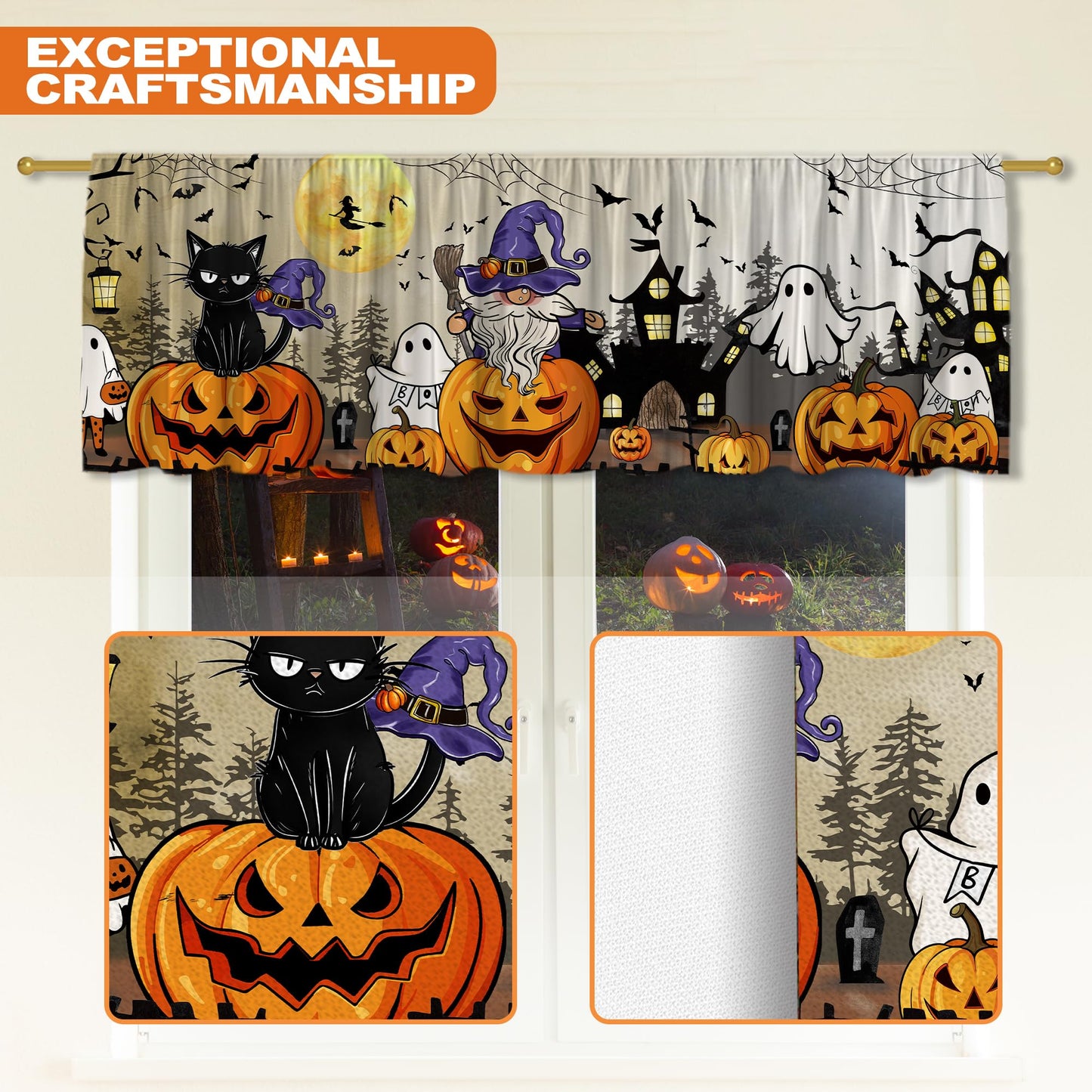 FUTBU Halloween Valance Curtain for Kitchen-Halloween Decorations Window Valance for Living Room Bedroom Scroll -Pumpkin Black Cat Ghost Decor Rod Pocket Valances-Window Treatment Valance 18"X54"