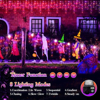 FLVOECN 480 LED 49FT Halloween Lights Plug in 8 Modes with Timer Dimmable Halloween Decorations Outdoor Waterproof String Lights for Roof Porch Garden Holiday Wedding Party Decor Orange Purple