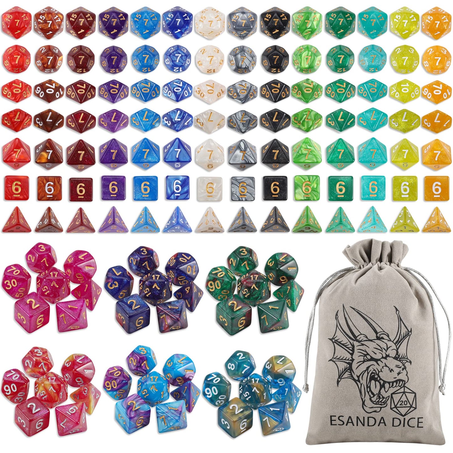 DND Dice Set - 20X7(140pcs) Polyhedral Dice for Dungeons and Dragons D&D RPG MTG Table Games with 1 Large Flannel Bag