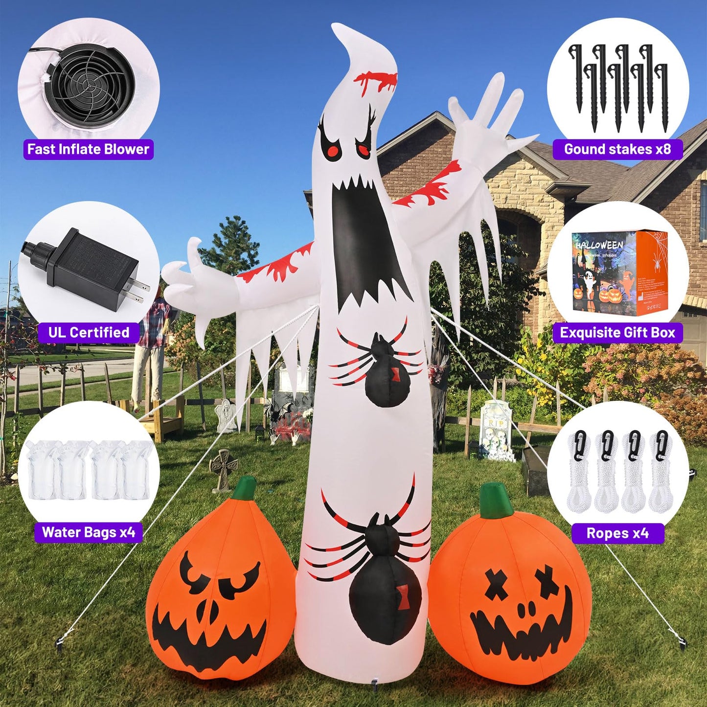 Kesfitt 8FT Halloween Inflatables Decorations Outdoor Ghost Built-in 2 Flame Flashing Projection Light,Blow Up Yard Inflatables with Pumpkin Spider for Outside Halloween Patio Party Garden Decorations