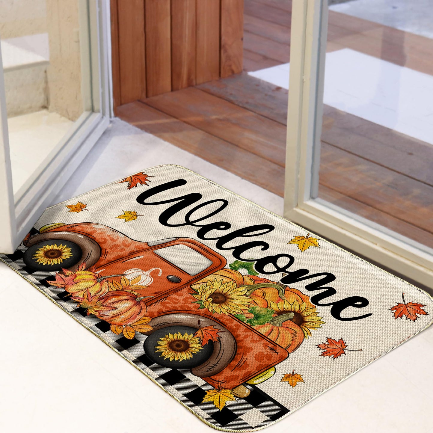 Fall Door Mat, Welcome Fall Outdoor Mat for Front Door, Autumn Pumpkins with Truck Black and White Buffalo Plaid Seasonal Non Slip Doormat for Entrance Entryway Outside, 17x29 Inches