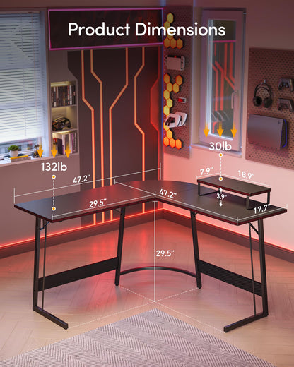 CubiCubi L Shaped Gaming Desk Computer Office Desk with Carbon Fiber Surface, 47 inch Corner Desk with Large Monitor Stand for Home Office Study Writing Workstation, Black Carbon Fiber