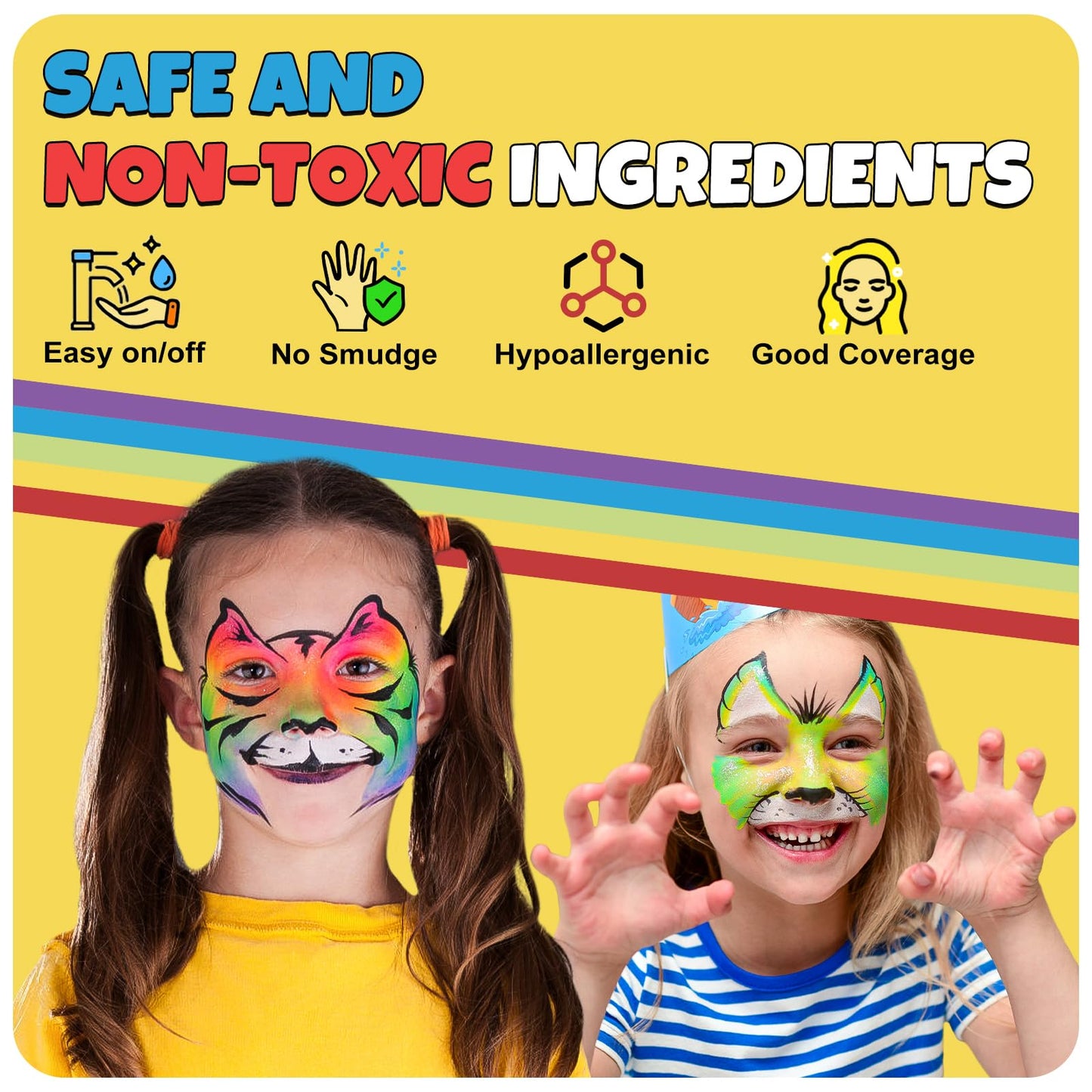 Drawdart Professional Face Painting Kit for Kids & Adults, Split Cake Face Paint Palette 12 x 10gm with Stencil, One Stroke Non Toxic Rainbow Body Paint Set for Halloween & Christmas Makeup