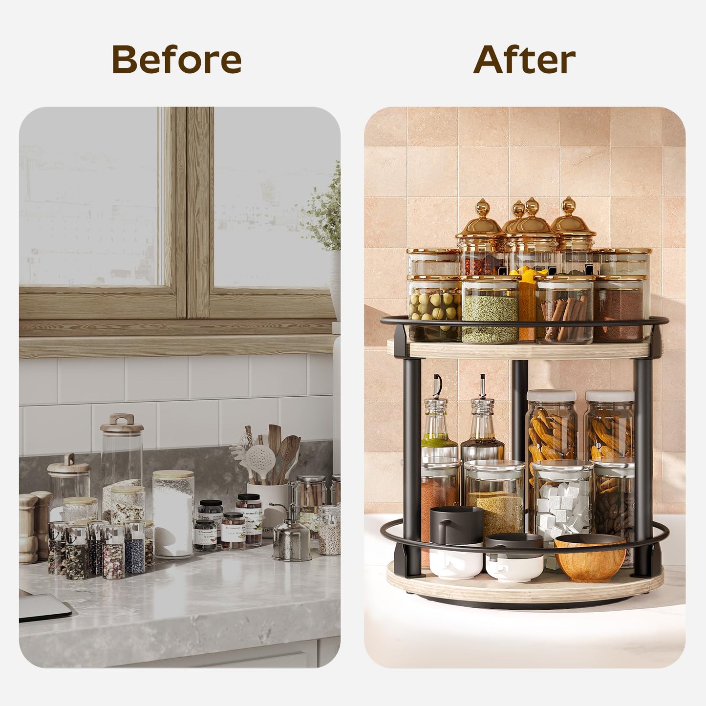 3-Tier Lazy Susan Organizer, Rotating Spice Rack, Spinning Organizer, Industrial Turntable Spice Rack Organizer for Cabinet, Kitchen Countertop, Pantry, Rustic Brown and Black SR23BR