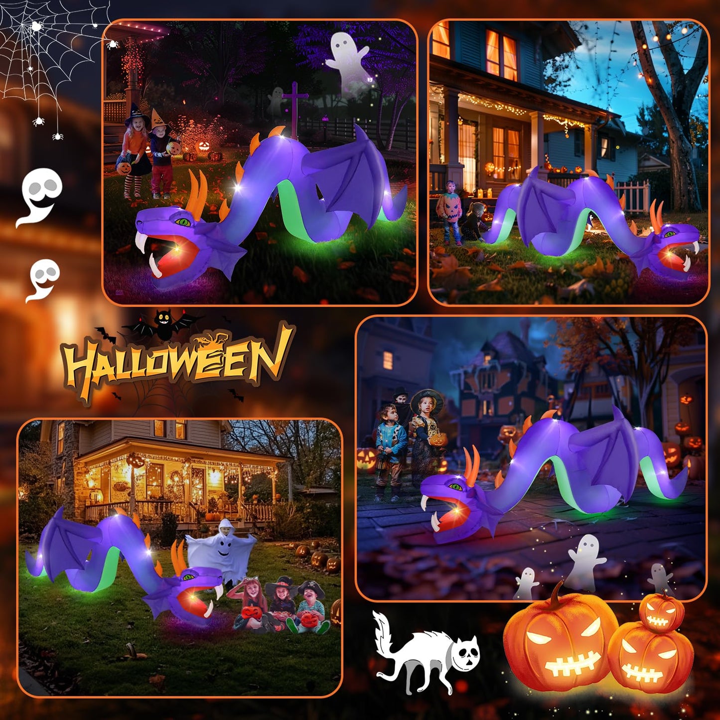 12FT Halloween Inflatables Outdoor Decoration, Large Flying Dragon with Openning Red Mouth Blow Up, Giant Outside Hanging Inflatable with 7 LEDs Light Up for Holiday Yard Lawn Patio Parties Display