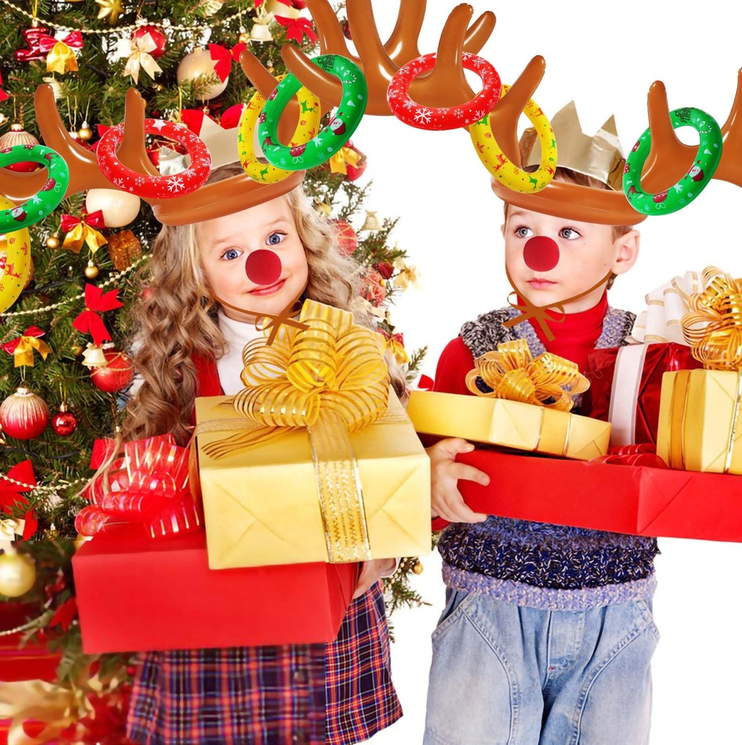 2 Pack Christmas Inflatable Reindeer Antler Ring Toss Games(2 Antlers 12 Rings) for Xmas Party Christmas Games Gifts Reindeer Ring Toss