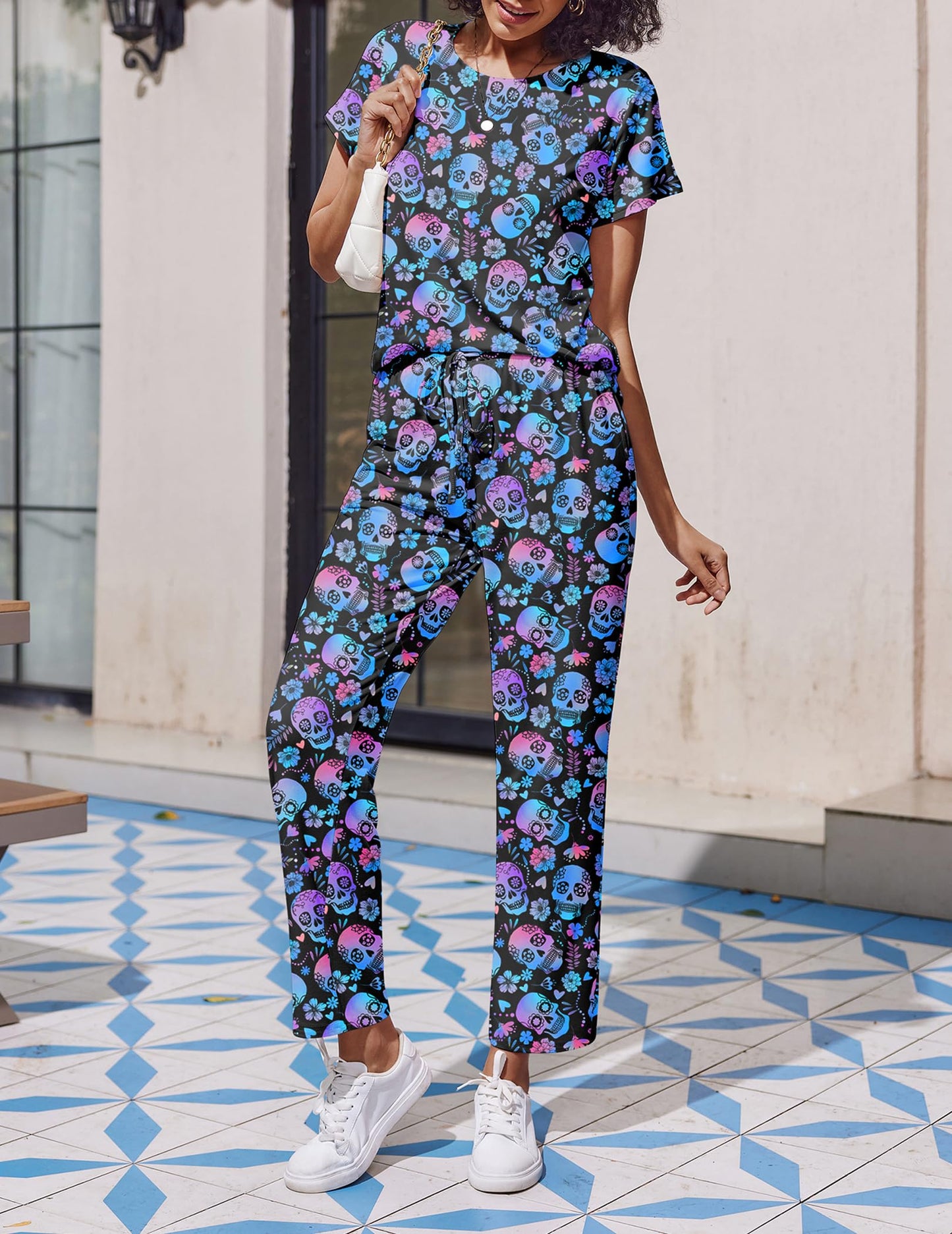 Ekouaer 2 Pack Pajamas for Women Set Short Sleeve Sleepwear Top and Pants Pjs Soft Printed Lounge Sets with Pockets Skull/Halloween XX-Large