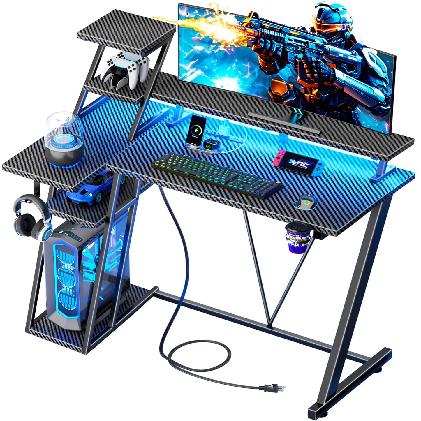 Korfile 40 Inch Gaming Desk with LED Lights & Power Outlet, Small Gaming Computer Desk with Storage Shelves, L Shaped Gamer Workstations with Monitor Stand for Bedroom, Carbon Fiber Black
