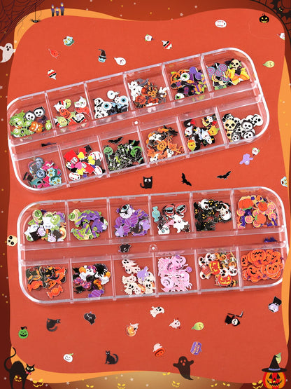 Kalolary Halloween Nail Art Sequins, 3D Skull Spider Pumpkin Bat Ghost Witch Stickers for Acrylic Nails, Halloween Wood Pulp Glitter Flakes for Nail Art Decorations