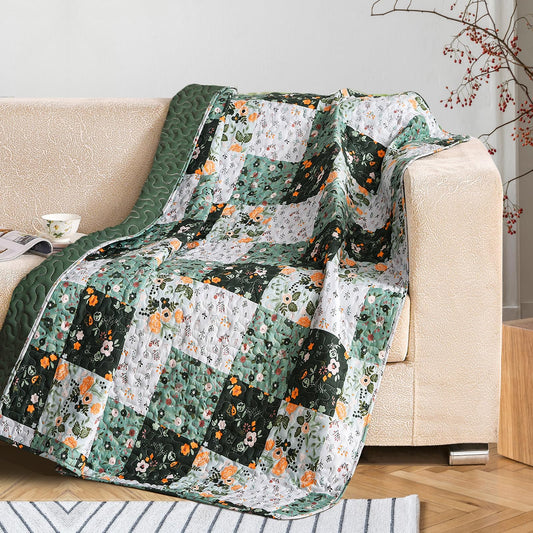 Exclusivo Mezcla 50"x 60" Quilted Throw Blanket- Microfiber Quilt Throw with Boho Patchwork Pattern, Reversible Green Versatile Lap Quilt for All Seasons, Lightweight Throws for Bed/Couch/Sofa