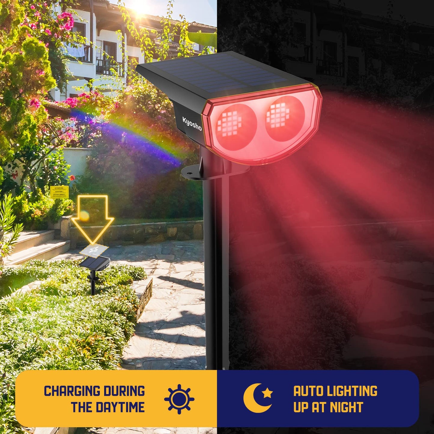 Kyosho Color Changing Solar Outdoor Lights, 9 Lighting Modes Halloween Christmas Lights, Waterproof RGBW Multicolor Solar Spotlight for Tree Pool Garden, 4 Pack