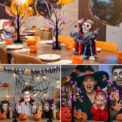 Efunly 2 Pack 24 Inch Halloween Black Spooky Tree with Orange & Purple Lights, USB&Battery Operated Tabletop Halloween Black Tree with Timer for Indoor Home Holiday Party Decorations
