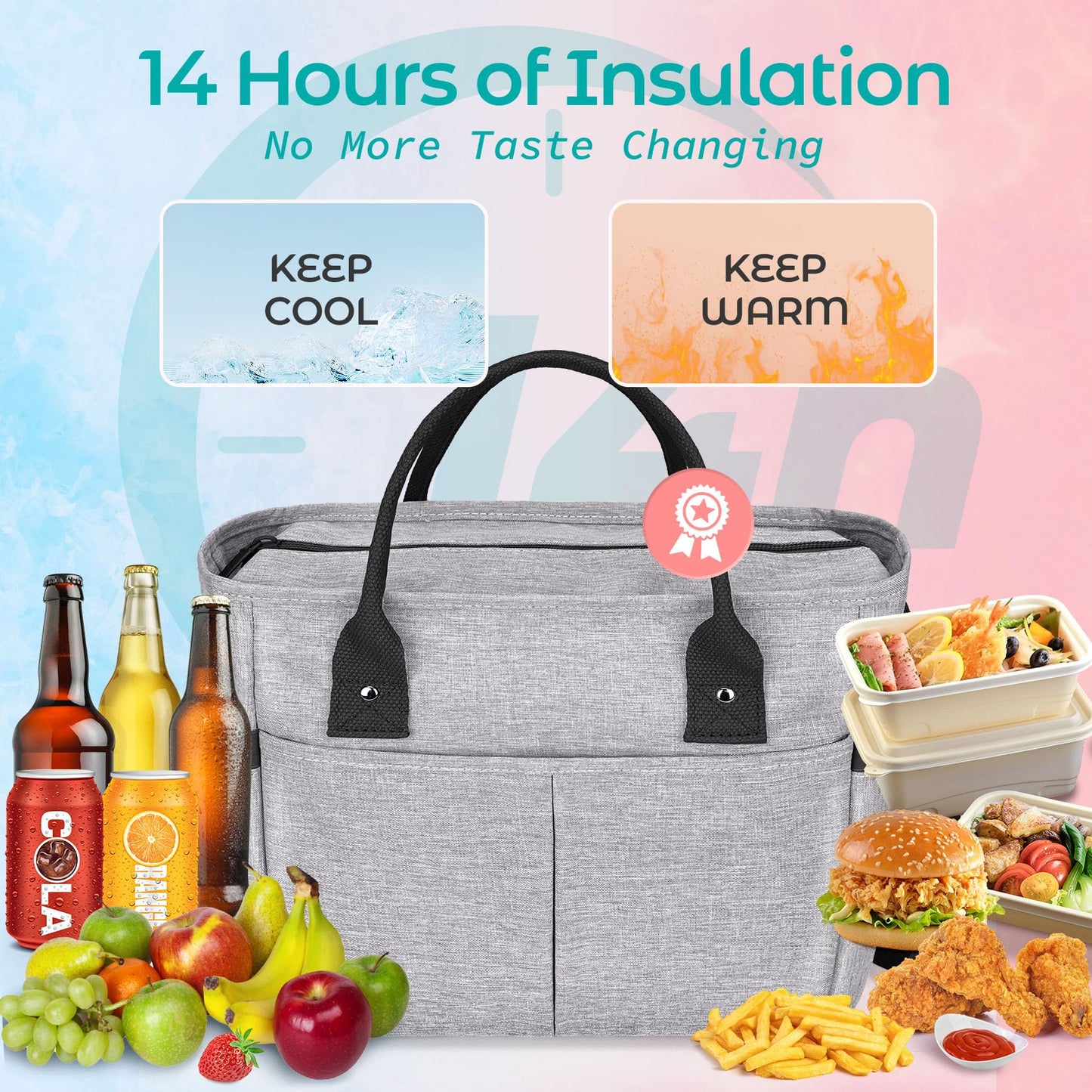 KIPBELIF Cute & Roomy Lunch Box for Women – Adults Large Insulated Lunch Bag with Shoulder Strap, Multi-Pockets, and Water Bottle Holder for Work, Picnic, and Outdoors (Extra Large Size, Gray)