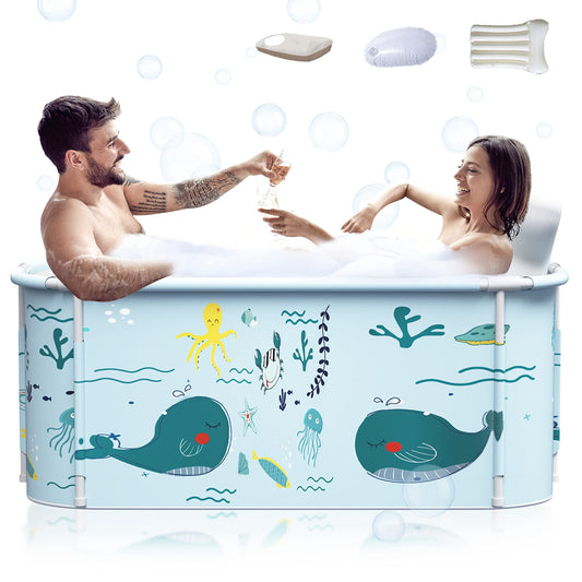 53" Extra Large Portable Foldable Bathtub with Cover for Adult, Family SPA Soaking Tub for Small Bathroom, Thicken Multiple Layer Bathtub with Lid for Shower Stall (53" Ocean Style）
