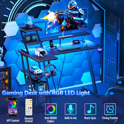 Korfile 40 Inch Gaming Desk with LED Lights & Power Outlet, Small Gaming Computer Desk with Storage Shelves, L Shaped Gamer Workstations with Monitor Stand for Bedroom, Carbon Fiber Black