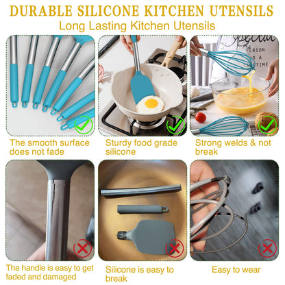 15 Pcs Silicone Cooking Utensils Kitchen Utensil Set - Umite Chef 446°F Heat Resistant Stainless Steel Handles Kitchen Gadgets Tools Set for Nonstick Cookware(Blue)