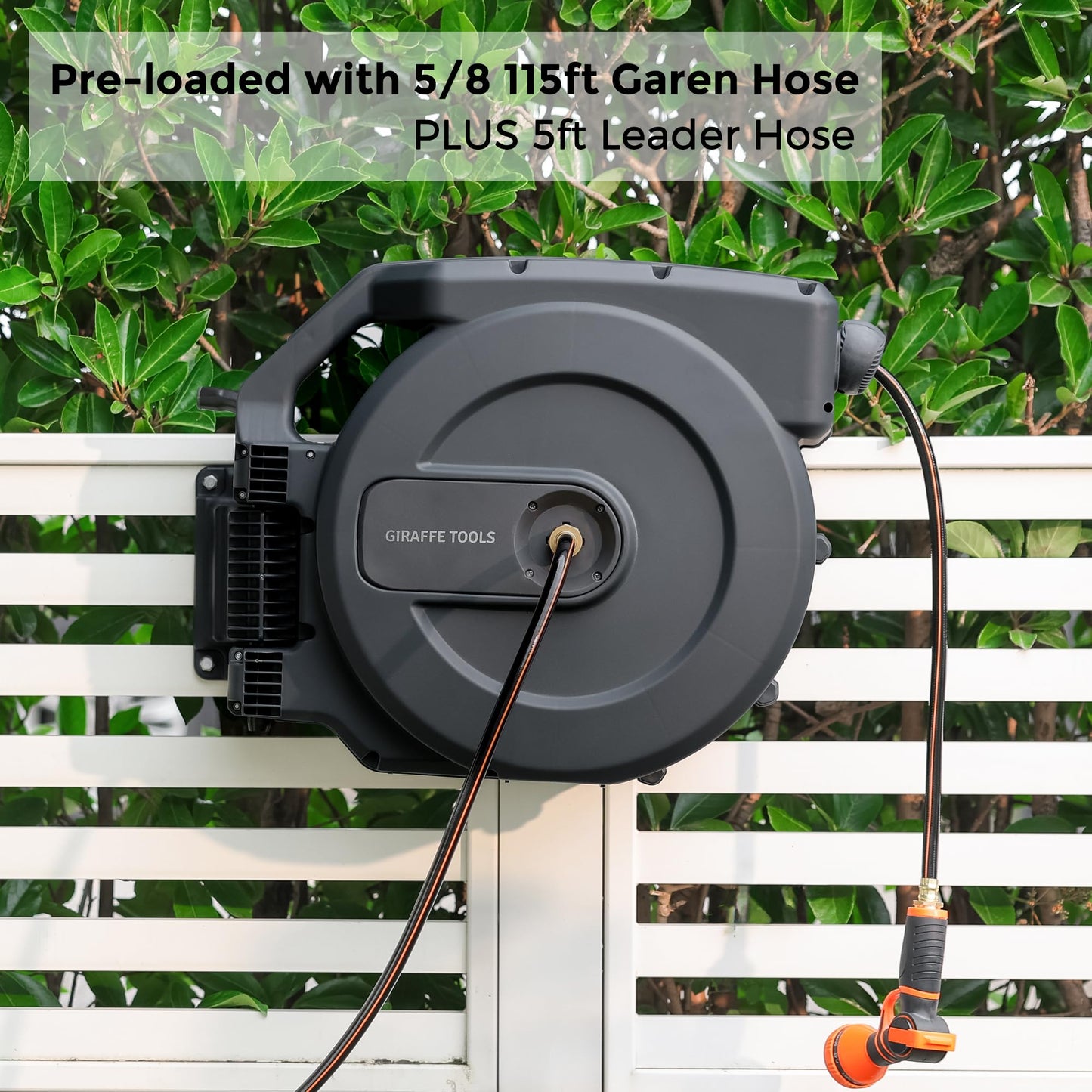 Giraffe Tools AW505/8 Retractable Garden Hose Reel 5/8" x 115+5 ft, Heavy Duty Wall Mounted Water Hose Reel Automatic Rewind, 180 Deg Swivel Bracket, Slow Retraction, 115ft, Dark Grey