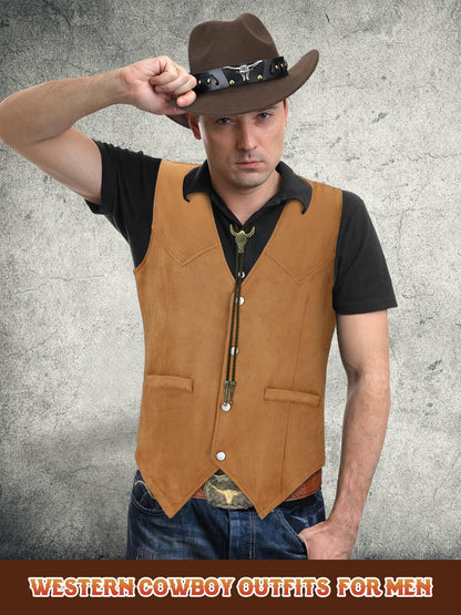 Cutecrop 4 Pcs Western Cowboy Outfits for Men Suede Leather Vest Hat Bolo Tie Belt for Western Halloween Cosplay(X-Large,Brown)