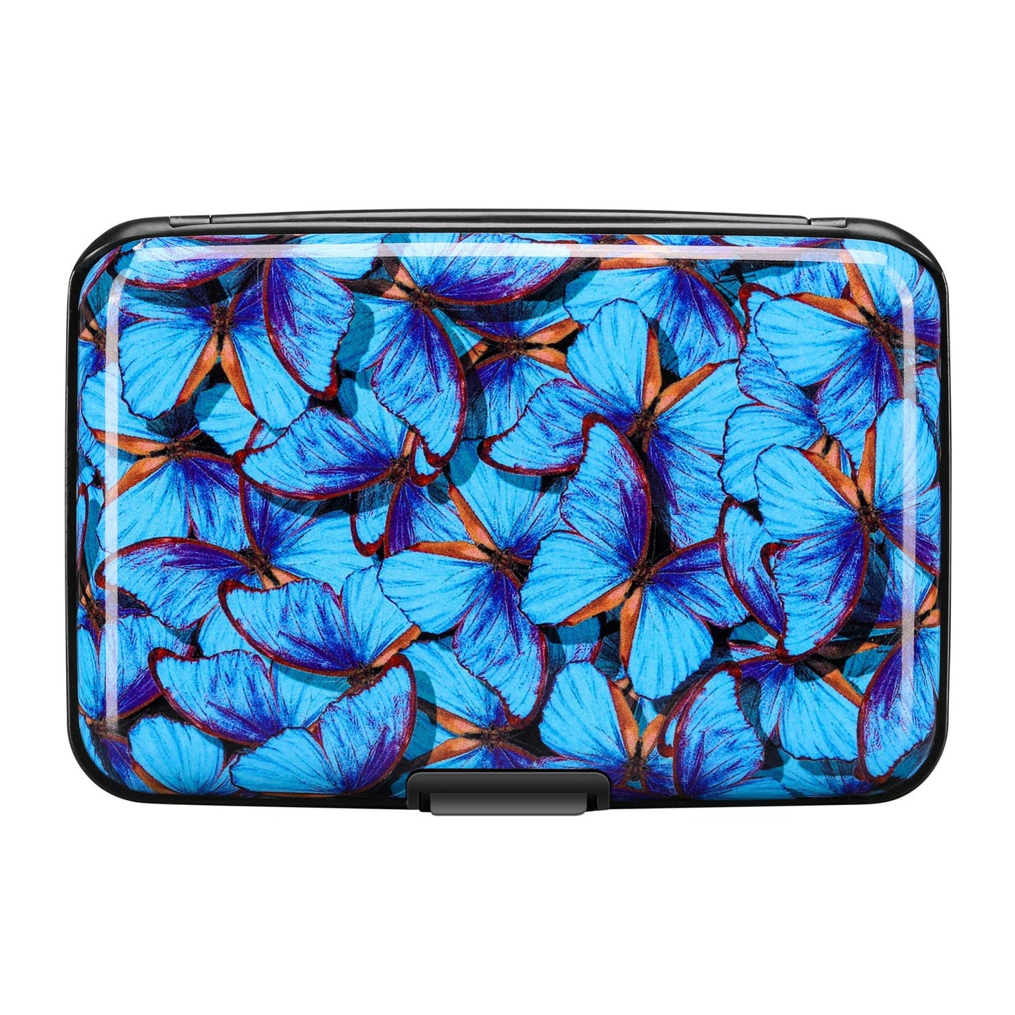 ELFISH RFID Blocking Credit Card Protector Aluminum ID Case Hard Shell Business Card Holders Metal Wallet for Men or Women (Blue Butterfly)