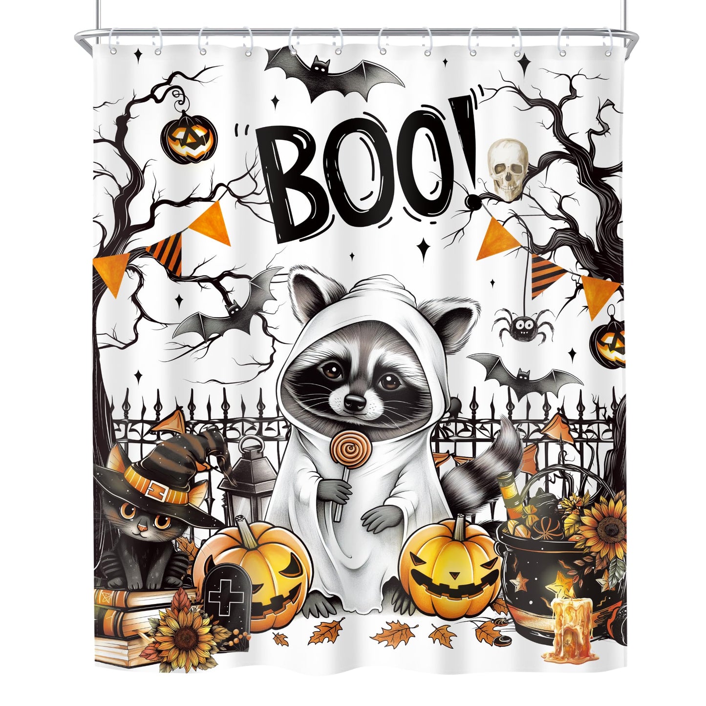 Riyidecor Funny Raccoon Halloween Shower Curtain Cute Pumpkin Sunflower Ghost Spooky Bat Black Cat Animal Leaves 60Wx72H Inch Tree Fence Cool Fabric Decor Bathroom Polyester Waterproof 12 Pack Hooks