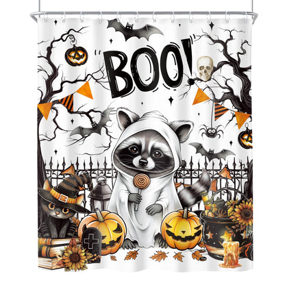 Riyidecor Funny Raccoon Halloween Shower Curtain Cute Pumpkin Sunflower Ghost Spooky Bat Black Cat Animal Leaves 60Wx72H Inch Tree Fence Cool Fabric Decor Bathroom Polyester Waterproof 12 Pack Hooks