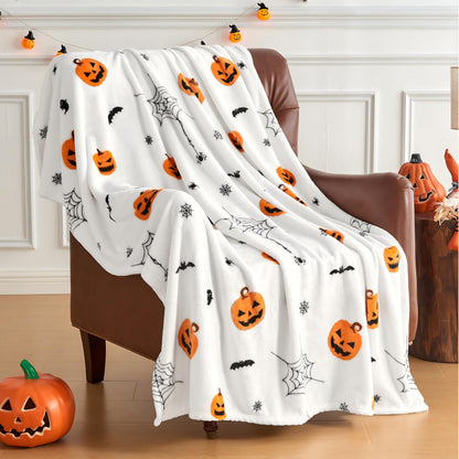 Edenleaf Soft Cozy Halloween Blanket, Spooky Pumpkin Bat Spider Webs Print White Throws for Couch Bed Home Decoration Gifts, Fuzzy Fleece Halloween Throw Blanket for Kids Adults 50"x60" (White)