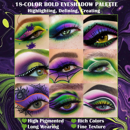 Green Purple Goth Eyeshadow Palette Makeup- 18 Colors Matte Shimmer Metallic Bright & Dark Smoky Gothic Eye Shadows for Halloween Christmas Grinch Witch Beetle-juice Ursula SFX Cosplay Costume Make Up