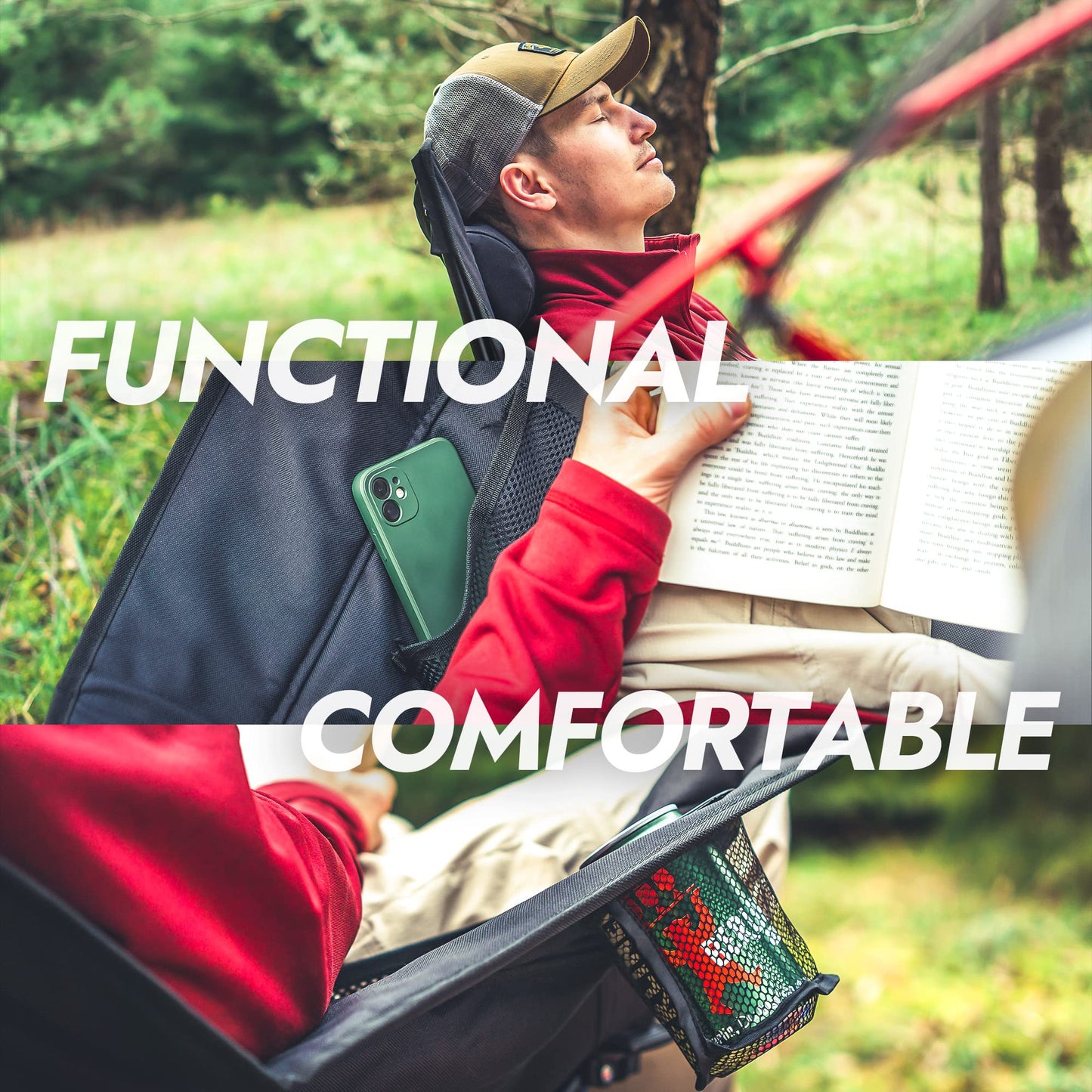 Dowinx Oversized Rocking Camping Chair, Fully Padded Patio Chair with Side Pocket and Carry Bag, High Back Portable Lawn Recliner with Headrest, Support 300 lbs, Grey