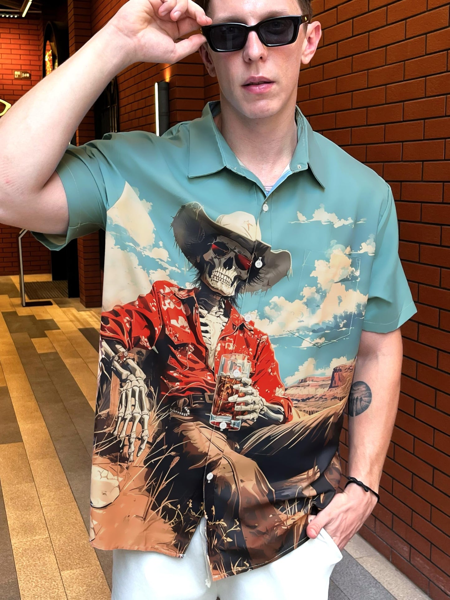 DADDYLOCO Western Skeleton Print Button Down Shirt, Short Sleeve, Regular Fit, Mint Green